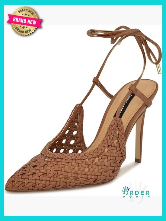 Shoes - Woven Stiletto Pumps Open Toe Ankle Strap Tie Closure Dressy Heels